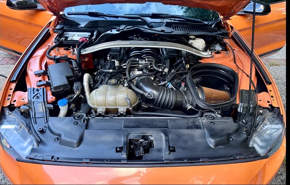 Orange Mustang engine bay after Engine Bay Detail