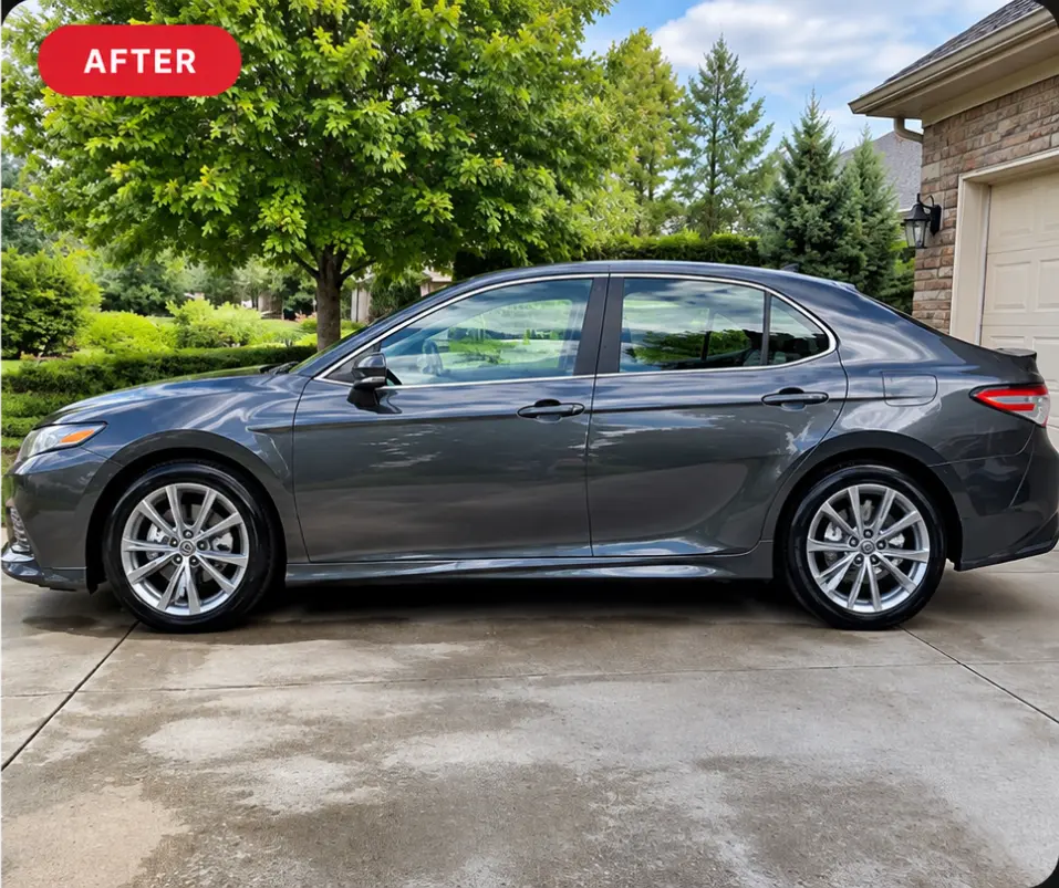 Gray sedan exterior detail before and after after detailing